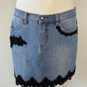 Venus Blue Denim Skirt with Black Sequins, Beaded, Embroidered, Lace Trim Size 8
